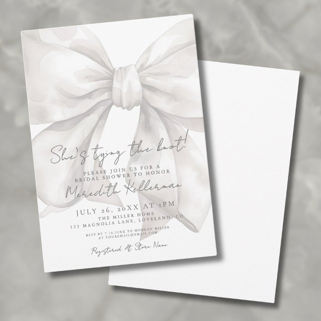 Convite Chá de Bebê de Noiva Elegante em Aquarela com Laço (Elegant Watercolor White Bow Bridal Shower Invitation)