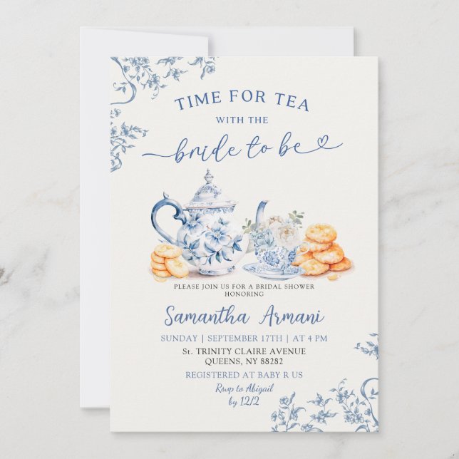 Convite Chá de Bebê de Noiva em Chinoiserie Dusty Blue (Frente)