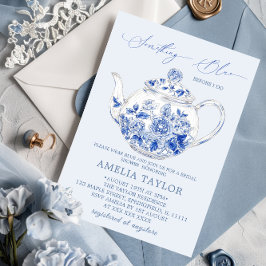 Convite Chá de Bebê de Noiva Floral Azul Elegante Toile