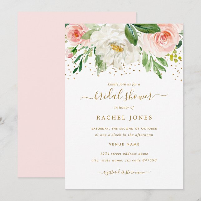 Convite Chá de Bebê de Noiva Floral Rosa em Aquarela Doura (Frente/Verso)