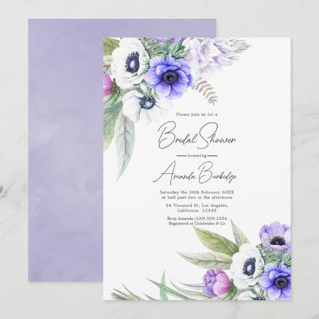 Convite Chá de Bebê de Noiva Floral Violeta Pastel e Ameix (Frente/Verso)