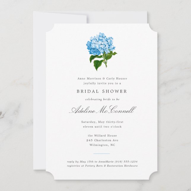 Convite Chá de Bebê de Noiva Grandmillennial Hydrangea Azu (Frente)