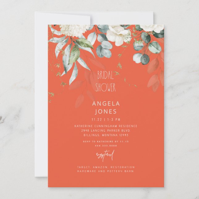Convite Chá de Bebê de Noiva Hydrangea Branca Tangerina (Frente)