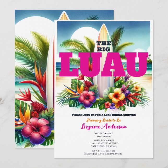 Convite Chá de Bebê de Noiva Luau de Piscina com Prancha d (Frente/Verso)