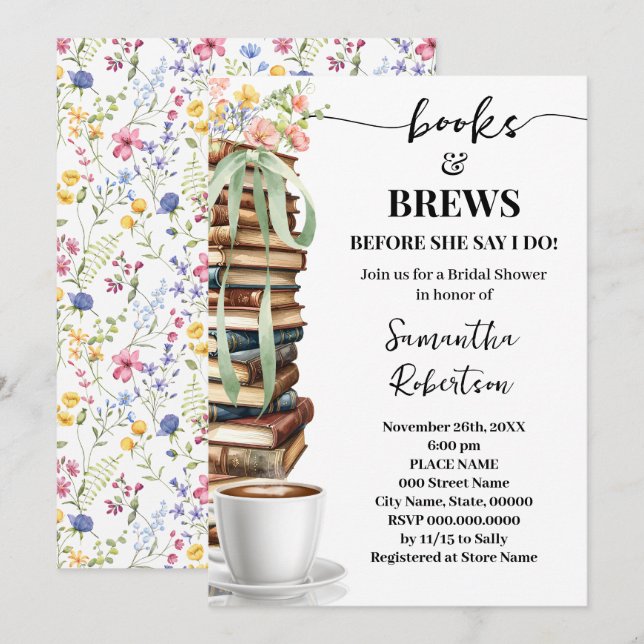 Convite Chá de Bebê de Noiva Wild Flowers Books & Brews Co (Frente/Verso)