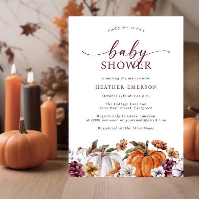 Convite Chá de Bebê de Outono (Fall Burnt Orange Baby Shower Invitation Autumn White Pumpkins Watercolor Burgundy Florals)