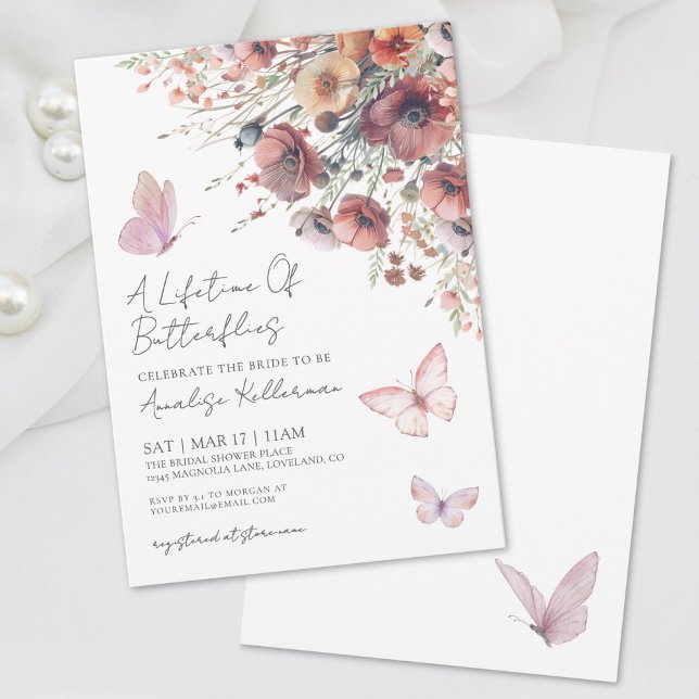 Convite Chá de Bebê de Outono com Borboletas e Flores Silv (Butterfly Wildflower Fall Bridal Shower Invitation)