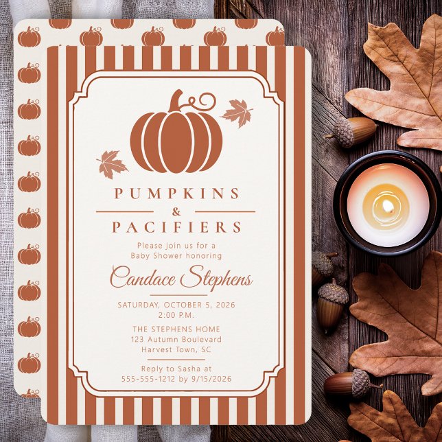 Convite Chá de Bebê de Outono Elegante com Abóboras e Chup (Elegant pumpkin baby shower invitation with rust stripes and timeless autumn stationery styling.)