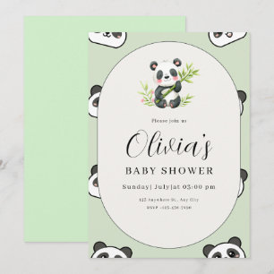 Convite Chá de Bebê de Panda Fofo Tema Botânico Verde de P