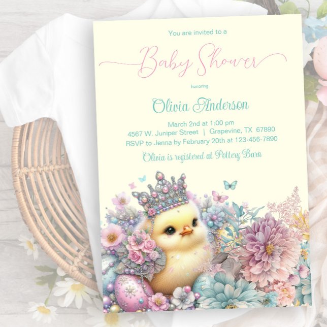 Convite Chá de Bebê de Páscoa Pastel com Franguinho (Sweet little chick with pretty eggs, butterflies and flowers. Instant download and printed available)
