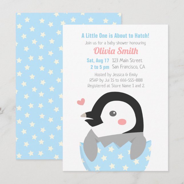 Convite Chá de Bebê de Pequeno Pinguim Recém-Nascido (Frente/Verso)