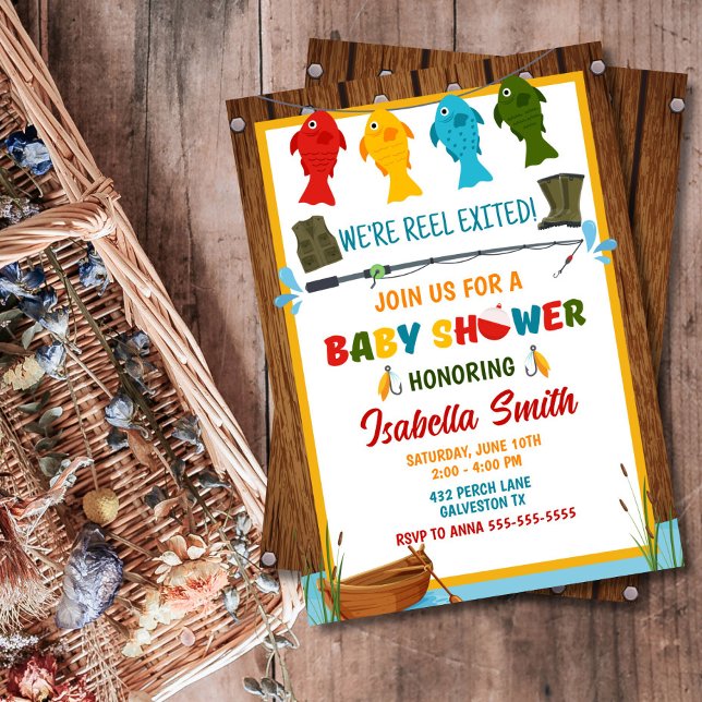 Convite Chá de Bebê de Pesca Editável  (Rustic & colorful fishing baby shower invite – perfect for new parents, any gender!)