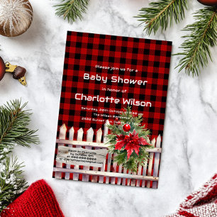 Convite Chá de Bebê de Plaid de Búfalo com Cerca de Natal