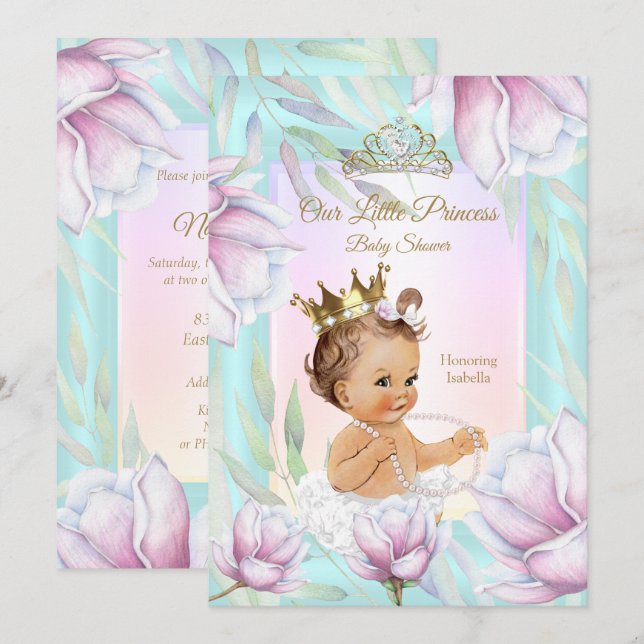 Convite Chá de Bebê de Princesa Floral Rosa Lilás Azul Tur (Frente/Verso)