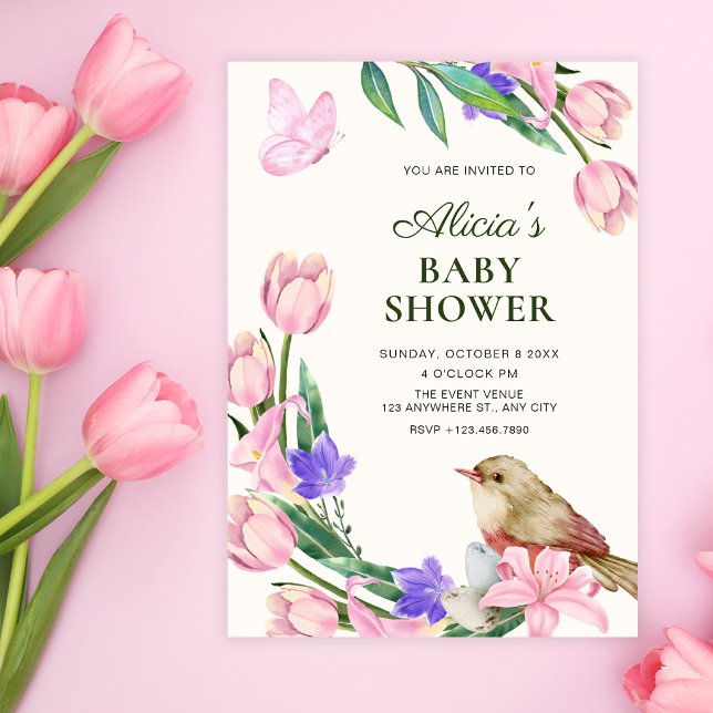 Convite Chá de bebê de ramo floral com pássaro (Criador carregado)