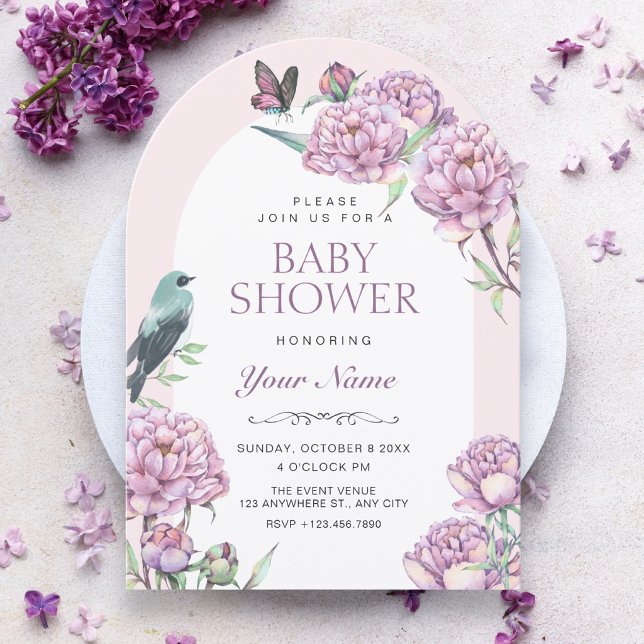 Convite Chá de bebê de ramo floral roxo (Criador carregado)