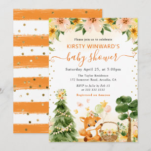 Convite Chá de Bebê de Raposa Floral Fofo em Aquarela