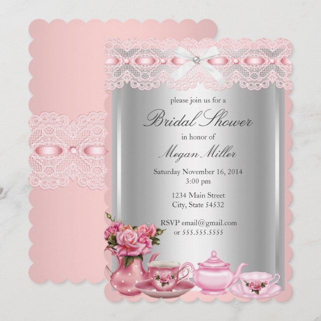 Convite Chá de Bebê de Renda Rosa Bonito (Frente/Verso)