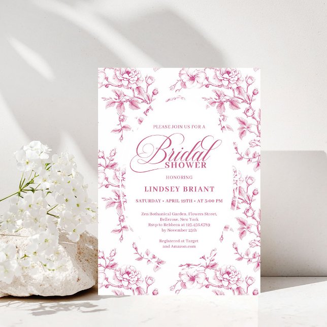 Convite Chá de Bebê de Rosa Elegante e Branco Padrão de Ro (Elegant Pink and White Rose Pattern Bridal Shower Invite)