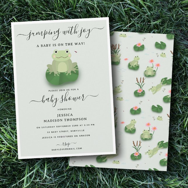 Convite Chá de Bebê de Sapo Adorável Lago de Lírios Sem Gê (Cute Frogs Lily Pond Gender Neutral Baby Shower Invitation)