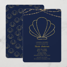 Convite Chá de Bebê de Sereia Azul Marinho e Dourado Conch