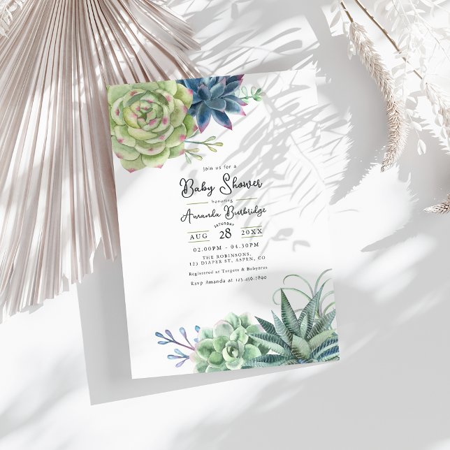 Convite Chá de Bebê de Suculentas Elegantes (Elegant Succulent Baby Shower Invitation)