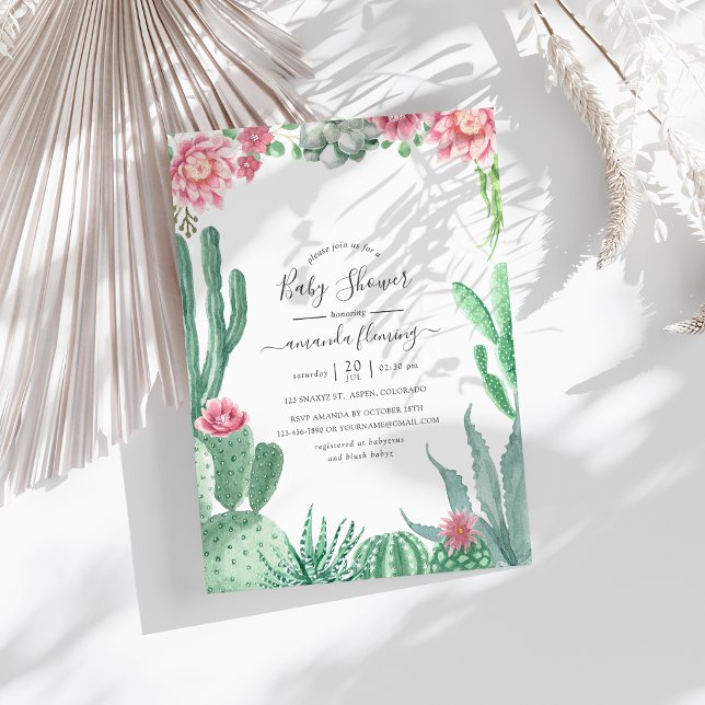 Convite Chá de Bebê de Suculentas em Aquarela (Watercolor Succulents Baby Shower Invitation)
