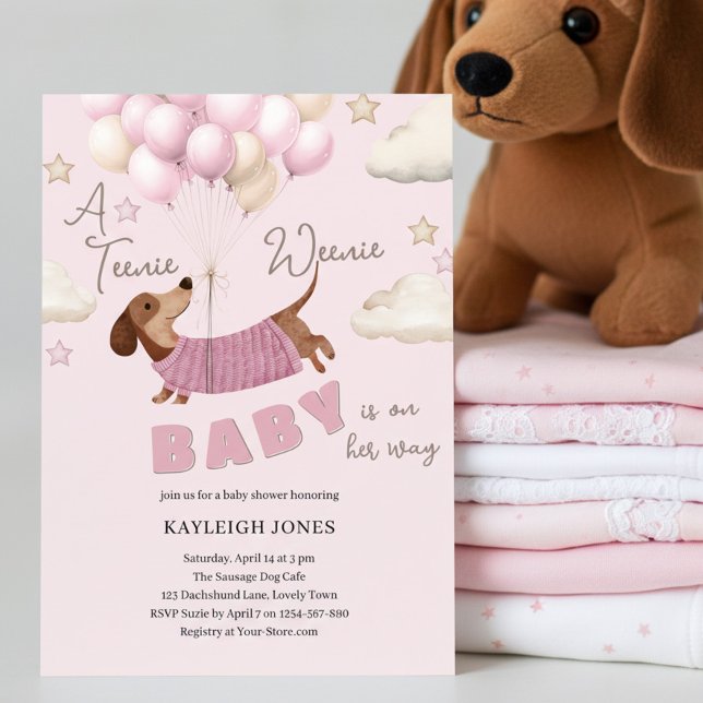 Convite Chá de Bebê de uma Menina com Dachshund Fofo (Dachshund Teenie Weenie Baby Girl Shower Invitation)