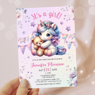 Convite Chá de Bebê de Unicórnio É uma Menina Aquarela Flo