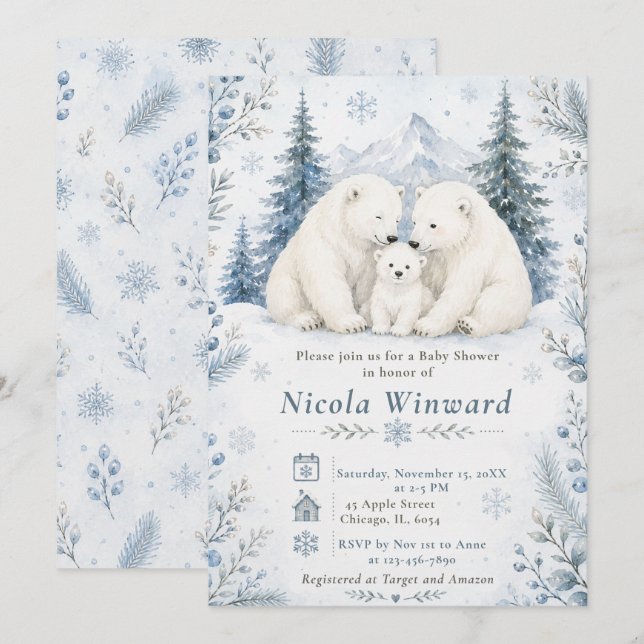 Convite Chá de Bebê de Urso Polar (Frente/Verso)