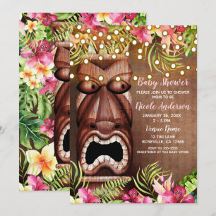 Convite Chá de Bebê de Verão com Tiki Hawaiano de Madeira
