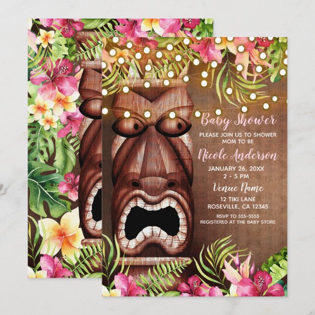 Convite Chá de Bebê de Verão com Tiki Hawaiano de Madeira (Frente/Verso)