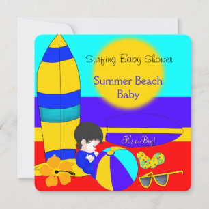 Convite Chá de Bebê de Verão Menino Praia Bebê Surfando Be
