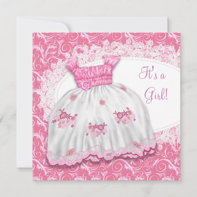 Convite Chá de Bebê de Vestido Rosa Bonito (Frente)