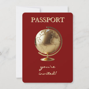 Convite Chá de Bebê de Viagem Passaporte Globo Dourado