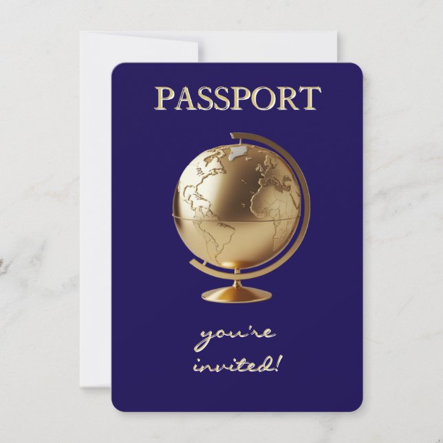 Convite Chá de Bebê de Viagem Passaporte Globo Dourado (Frente)