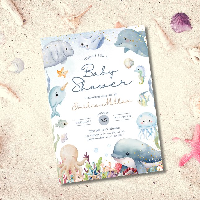 Convite Chá de Bebê Debaixo do Mar Animais Marinhos Neutro (Criador carregado)