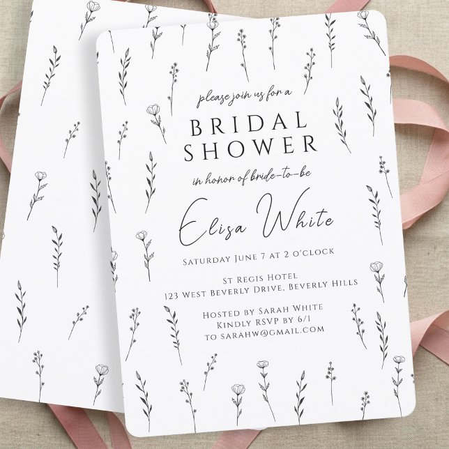 Convite Chá de Bebê Delicadas Flores Silvestres Espalhadas (Delicate Scattered Wildflowers Bridal Shower Black and White Invitation
)