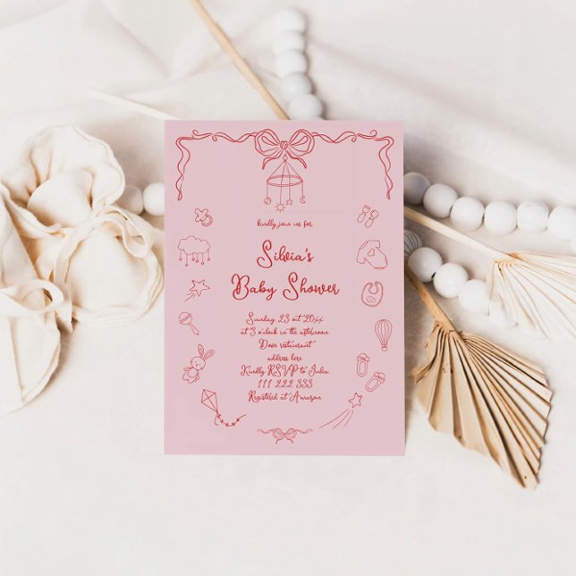Convite Chá de Bebê Desenhado à Mão, Arco Menina Bebê Escr (Criador carregado)