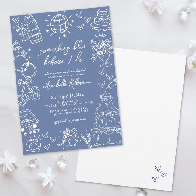 Convite Chá de Bebê Desenhado à Mão Azul Celeste (Hand Drawn Something Blue Bridal Shower Invitation)