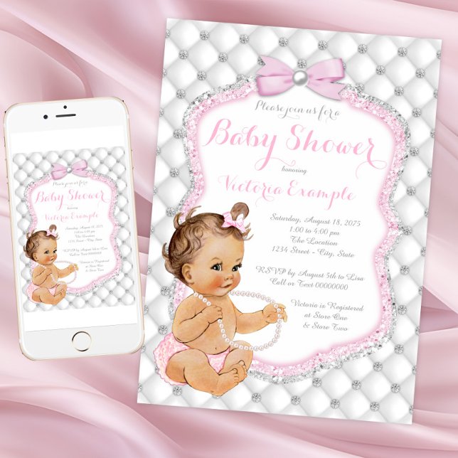 Convite Chá de Bebê Diamantes e Pérolas (Pretty blush pink diamond baby shower invitation. Instant download and printed invitations available)