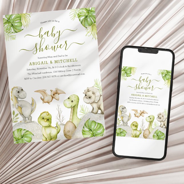 Convite Chá de Bebê Dinossauro Aquarela Doce (Criador carregado)