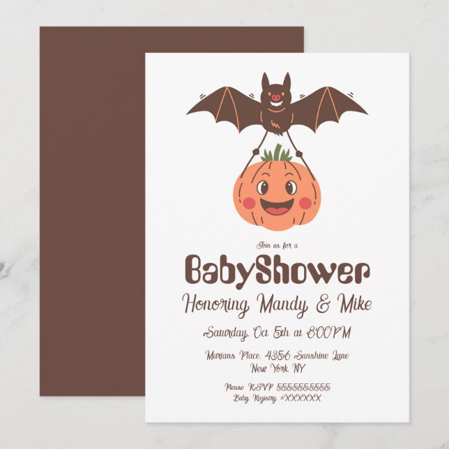 Convite Chá de Bebê do Abóbora e Morcego Festa de Hallowee (Frente/Verso)
