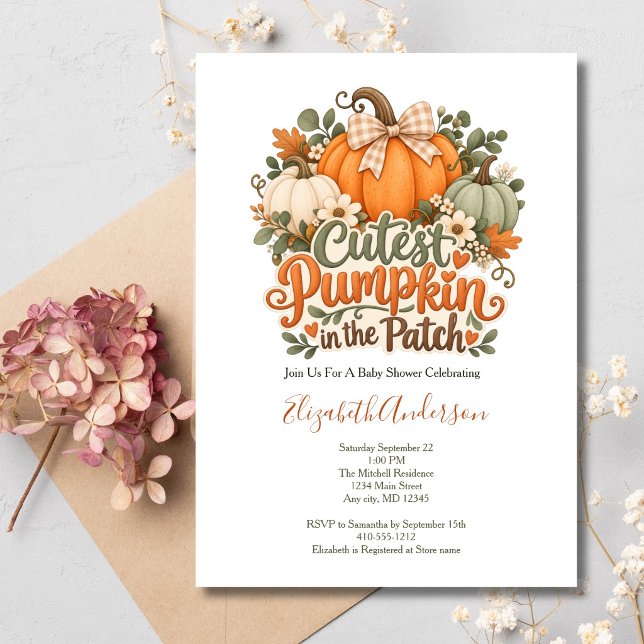 Convite Chá de Bebê do Abobrinha de Outono (Cutest Pumpkin in Patch Fall Autumn Halloween Thanksgiving Baby Shower Invitation, Printed or Digita)