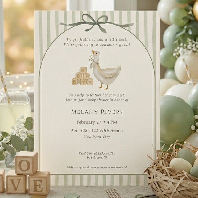 Convite Chá de Bebê do Arco em Verde Sage Neutro com Ganso (Goose Neutral Sage Green Bow Baby Shower Invitation)
