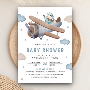 Convite Chá de Bebê do Aviador Azul Vintage Fofo
