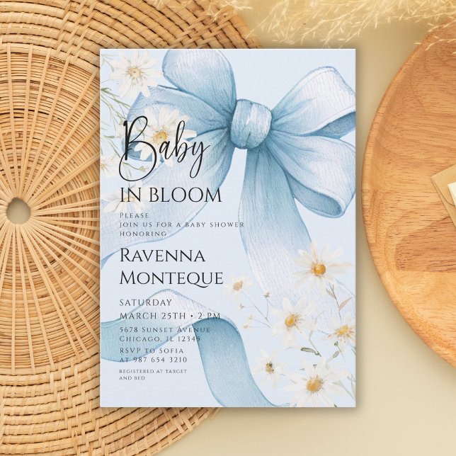 Convite Chá de Bebê do Bebê Preppy em Flor com Laço Azul (Criador carregado)