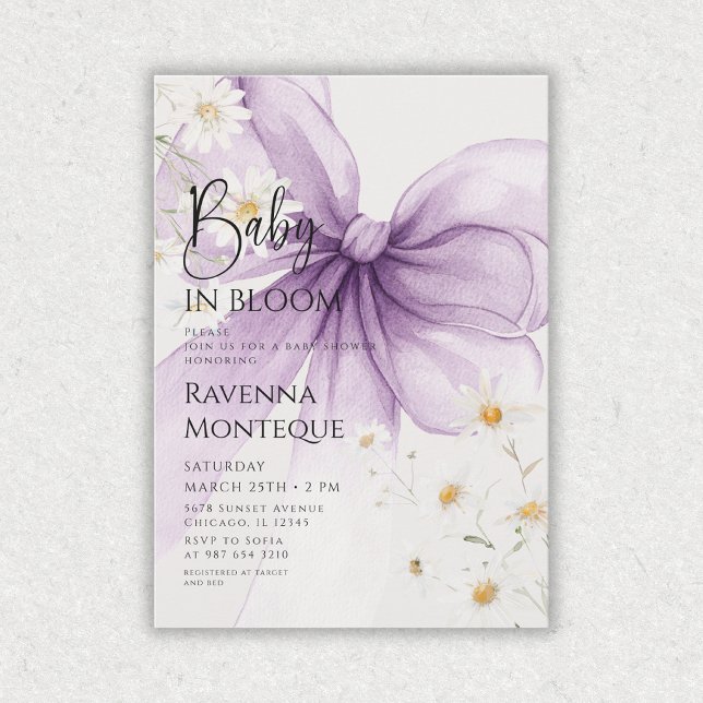 Convite Chá de Bebê do Bebê Preppy em Flor Lilac Bow Daisy (Criador carregado)