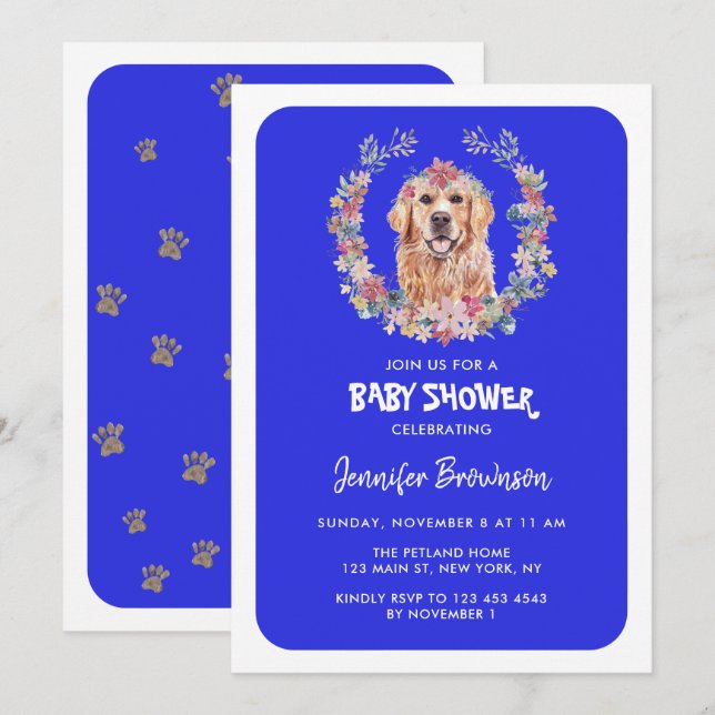 Convite Chá de Bebê do Cão Retriever Dourado azul-marinho (Frente/Verso)