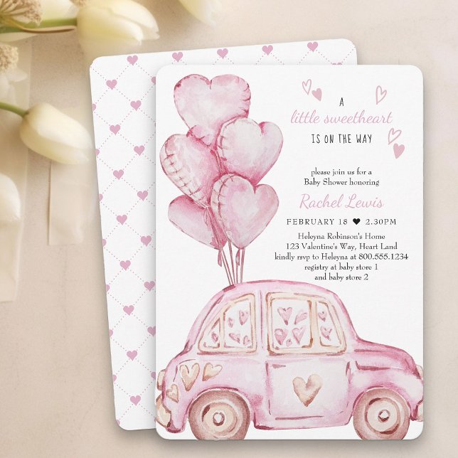 Convite Chá de Bebê do Carro Rosa e Balão Queridinho (Little Sweetheart Baby Shower Invitation - professionally printed or printable download)